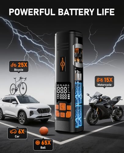 150PSI Tire Inflator Portable Air Compressor, Cordless Bike Pump | Fast Inflation, Digital Pressure Gauge, LED Light, Auto Shutoff, One-Click Start, for Car, Motorcycle, Bicycle, Ball