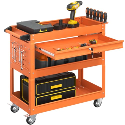 3-Tier Tool Cart on Wheels, Heavy-Duty Metal Tool Cart with Lockable Drawer, 400 LBS Capacity Mechanic Utility Cart for Garage & Workshop(Orange) - color: Orange