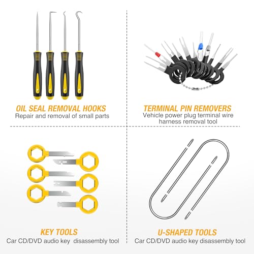 GOOACC 200Pcs Trim Removal Tool, Auto Push Pin Bumper Retainer Clip Set Fastener Terminal Remover Tool Adhesive Cable Clips Round Handle Crowbar Kit Car Panel Radio Removal Auto Clip Pliers, Yellow - color: 200Pcs Clips Removal Kit Yellow