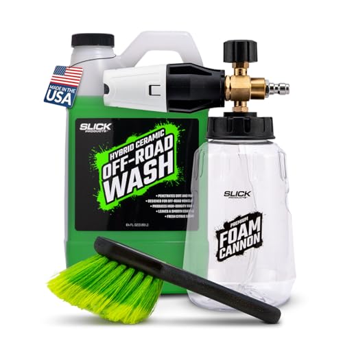 Slick Products Premium Foam Cannon Wash Kit with Hybrid Ceramic Off-Road Wash 64oz, Premium Cannon and Scrub Brush – High-Foaming Pressure Washer Kit for Cars, Trucks, ATVs & UTVs