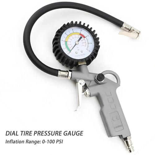 7-Piece Multi-Purpose Air Compressor Accessory Kit, Air Blow Gun and Extendable Air Nozzles, 5 Meter Long PU Air Hose, 100PSI Tire Pressure Gauge with Inflator, 1/4" NPT Air Coupler