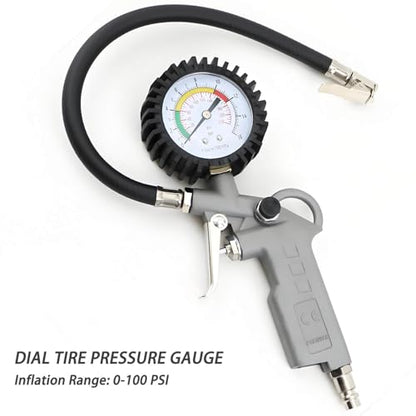 7-Piece Multi-Purpose Air Compressor Accessory Kit, Air Blow Gun and Extendable Air Nozzles, 5 Meter Long PU Air Hose, 100PSI Tire Pressure Gauge with Inflator, 1/4" NPT Air Coupler