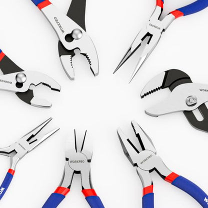 7-piece WORKPRO Pliers Set with Groove Joint, Long Nose, Slip Joint, Linesman, and Diagonal Pliers for DIY & Home Use - color: Red, Blue