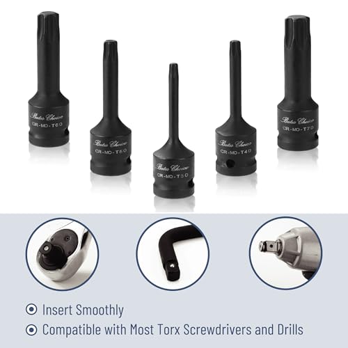 Bates Choice Torx Bit Socket Set, 8 pcs, 1/2 Inch Drive, 3 Inch Long, Cr-Mo Steel, T30-T70, Star Bit Socket Set