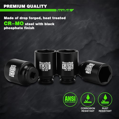 TecoTek 1/2" Drive Deep 6-Point Impact Socket Set, 11-Piece Standard SAE Spindle Axle Nut Impact Socket Set, Cr-Mo, 1-3/8-Inch to 2-Inch Size - size: 1-3/8-Inch to 2-Inch (11 pieces)