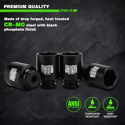 TecoTek 1/2" Drive Deep 6-Point Impact Socket Set, 11-Piece Standard SAE Spindle Axle Nut Impact Socket Set, Cr-Mo, 1-3/8-Inch to 2-Inch Size - size: 1-3/8-Inch to 2-Inch (11 pieces)