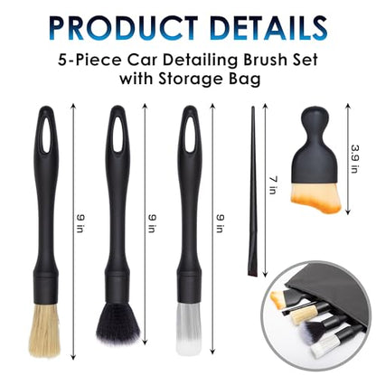 Yours Car Detailing Brush Kit, Interior & Exterior Car Cleaning Brush Set, Auto Detailing Tools for Interior Cleaner, 5 Pack, Black