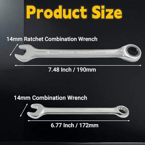 14mm Ratcheting Wrench 2 Pcs 72-Tooth 12-Point Chrome Plated | Forged 45# Carbon Steel Durable, 5-Degree Arc For Tight Spaces, 12-Point Protects Fasteners, Polished Chrome Anti-Rust - size: 14mm