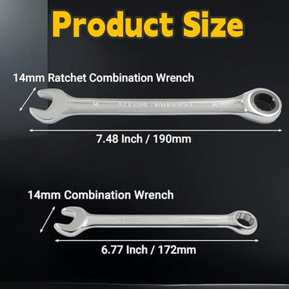 14mm Ratcheting Wrench 2 Pcs 72-Tooth 12-Point Chrome Plated | Forged 45# Carbon Steel Durable, 5-Degree Arc For Tight Spaces, 12-Point Protects Fasteners, Polished Chrome Anti-Rust - size: 14mm