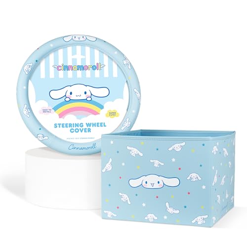 Sanrio Cinnamoroll Car Trunk Organizer & Steering Wheel Cover Set – Cute, Non-Slip, Soft Grip Car Accessories for Women – Collapsible Storage Bin for Groceries, Tools & Travel – 12.5"L x 12.5"W x 9"H - style: Set Cinnamoroll