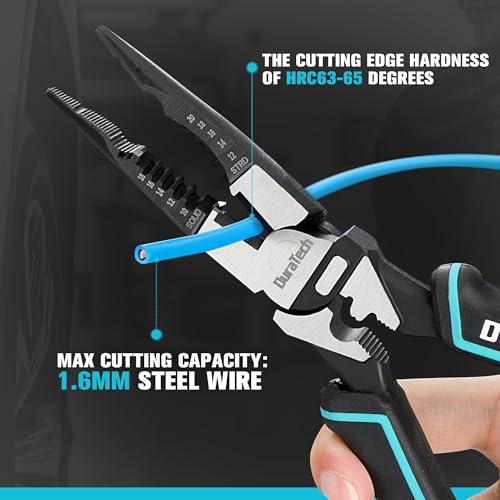DURATECH 6-in-1 Needle Nose Pliers, 8.5" Multipurpose Long Nose Pliers with Wire Stripper/Crimper/Cutter Function, Heavy Duty Multifunctional Electrician Pliers for Crimping, Stripping, Shearing