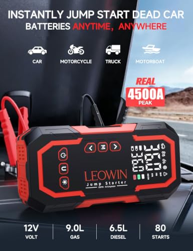 LEOWIN Jump Starter with Air Compressor Portable, Red | 4500A 12V Car Battery Jumper Starter (9.0 Gas/6.5L Diesel) with 150PSI Tire Inflator, with Smart Jumper Cables, LED Light - color: Red