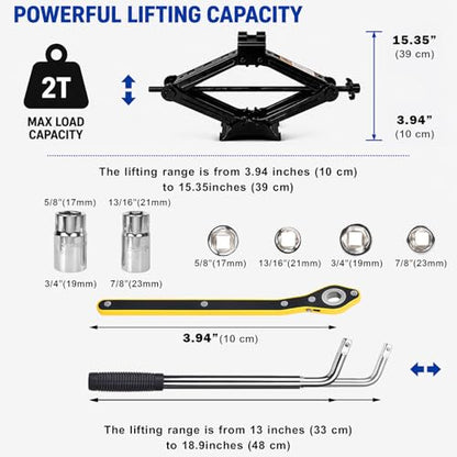 Car Jack,Car Jack and Stand Kit,Portable 2 Ton Scissor Jacks,Universal Emergency Kit with Lug Wrench, Portable Tire Changing Kit for Car, Truck, SUV (Black)