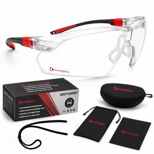 Safety Glasses – ANSI Z87 Certified, 5X Anti-Fog ClearShield™ Lenses with Premium Hard Case & Accessory Bundle - color: Red & Black / Clear