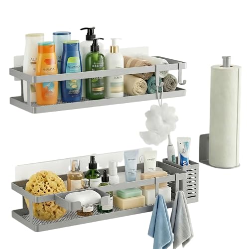 PUSDON 5-in-1 16.5" Extra Long Kitchen Organizer & Shower Caddy Set, Wall Mount Spice Rack with Paper Towel Holder, Utensil Holder & Soap Dish, Rustproof Mesh - Silver Gray, Guardrail - color: Silver Grey, size: 5-in-1 Minimalist (16.5" Extra Long)