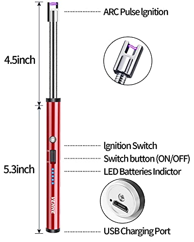 VEHHE Lighter, Rechargeable Candle Lighter Camping Lighters with Safety Switch Flexible Neck LED Battery Display, Arc Long Lighters for Candle Cooking BBQs Fireworks - color: Red