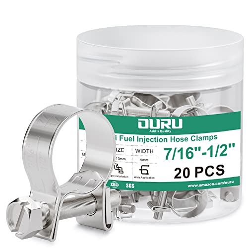 OURU 20PCS 1/4" Fuel Line Clamp 304 Stainless Steel,Adjustable 7/16"-1/2" Dia (11-13mm) Mini Fuel Injection Gas Line Hose Clamps,Pipe Clamp for Automotive,Diesel Petrol Pipe - size: 20PCS 7/16"-1/2" (11-13mm)