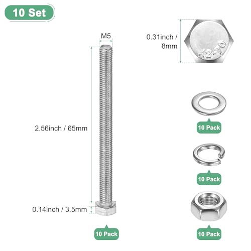 M METERXITY 10-Pack Hex Head Screw Bolt with Nuts Flat & Lock Washers M5x65mm Stainless Steel Bolts and Nuts Kit Fully Threaded Metric Bolt Assortment for Equipment/Machinery - size: M5x65mm