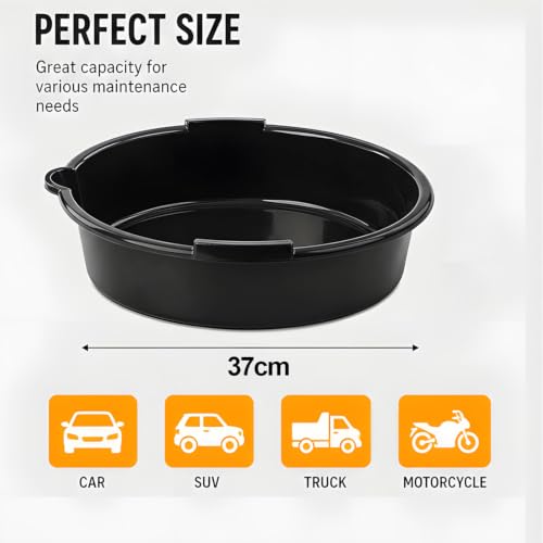 Oil Drain Pan with Spout Guide Lip, 6.9 Qt (6.5L) HDPE Motor Oil Drain Pan, 37cm Diameter Round Waste Fluid Collection Basin with Reinforced Base for Home Garage DIY Car Motorbike Service