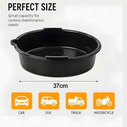 Oil Drain Pan with Spout Guide Lip, 6.9 Qt (6.5L) HDPE Motor Oil Drain Pan, 37cm Diameter Round Waste Fluid Collection Basin with Reinforced Base for Home Garage DIY Car Motorbike Service