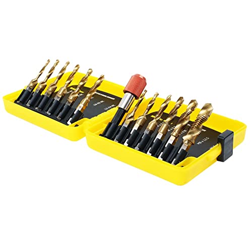 13 Pack Titanium Drill Tap Bit Set, SAE Metric Tap Drill Bits for Metal | Combination Tap Drill Bits for Drilling, Tapping, Deburring and Countersinking Screw Thread with Quick Change Bit Holder