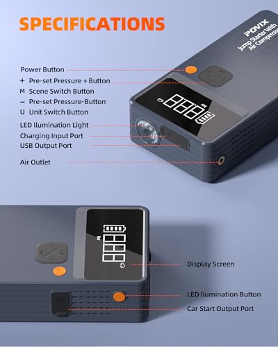 Car Battery Jump Starter with Air Compressor,8000mAh Battery Jump Box with Tire Inflator,Jump Booster with Smart Jumper Cables,LED Light Emergency Kits for Vehicles,Arrancador Ae Batería