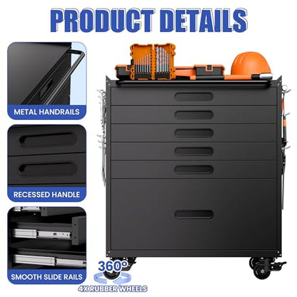 Metal Mobile Tool Storage Cabinet with 6 Drawers,Black Heavy Duty Rolling Tool Cabinets for Garage,Metal Storage Cabinets with Wheels,Assembly Required - color: Black, style: 6 drawers with wheels
