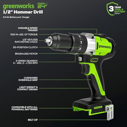 Greenworks 24V Brushless 2PCS Cordless Power Tool Combo Kit, 1950 in-lbs Impact Driver and 530 in-lbs Hammer Drill, with a 2Ah Battery and 2A Fast charger - size: 2PCS Combo Kits(Hammer Drill+Driver)