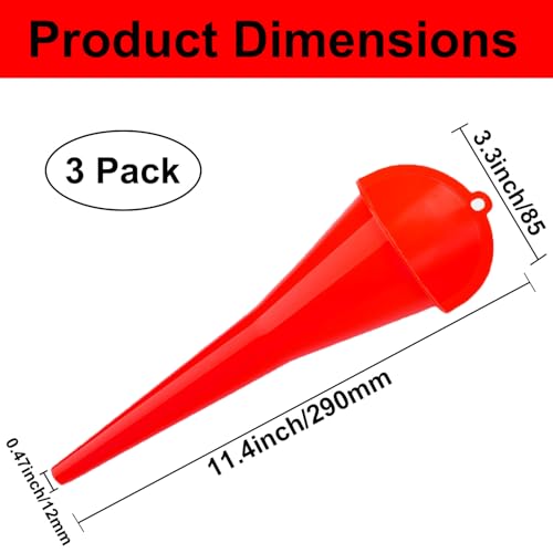 3-Pack Long-Neck Oil Funnels, 11" Multi-Purpose Funnels for Automotive & Motorcycle Use – Reusable Funnel for Oil, Gas & Transmission Fluid (Red) - color: Red