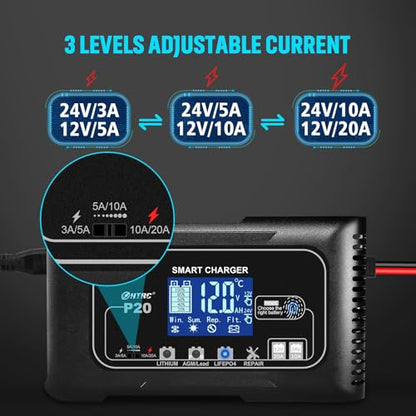 20 Amp Lithium Battery Charger 12V 24V LiFePO4 Battery Charger, Trickle Charger for Car Battery Motorcycle Lawn Mower Marine Boat, Battery Maintainer for Lead Acid (AGM/Gel/SLA...)