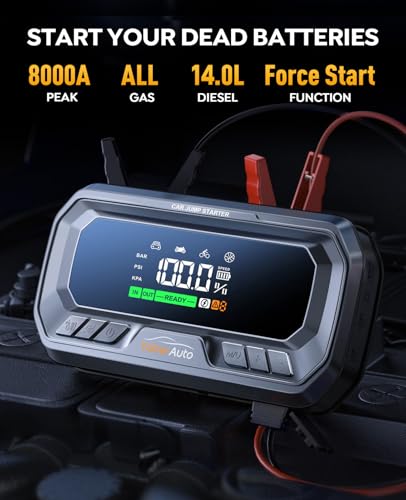 YaberAuto 12-in-1 Jump Starter with Air Compressor 8000A 160PSI 65W Charging, Portable Car Battery Jump Starter (All Gas/14L Diesel) Jump Box Car Battery Jumper Starter Portable Jumper Cables, 160W DC - size: 8000A