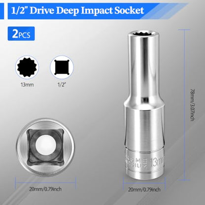 2 Pcs 1/2" Drive 13mm Deep Impact Socket | Anti-Rounding 12 Point Design, Square Chamfered Opening, Easy Removal of Axle Nut - color: Deep, size: 13mm