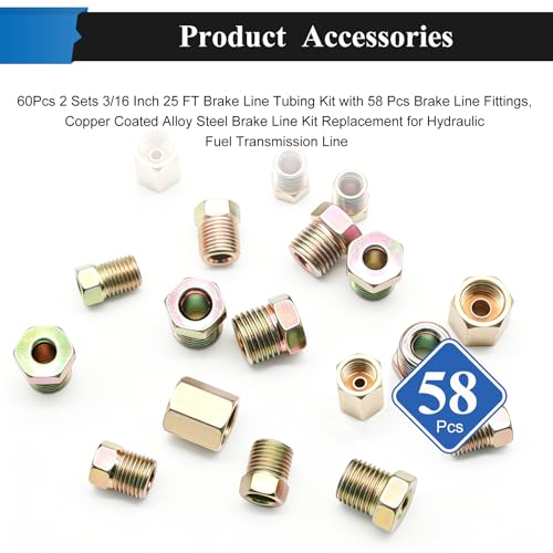 60Pcs 2 Sets 3/16 Inch 25 FT Brake Line Tubing Kit with 58 Pcs Brake Line Fittings, Copper Coated Alloy Steel Brake Lines Kit Replacement for Hydraulic Fuel Transmission Line - size: 3/16 + 3/16 Inch Gold, style: Brake Line