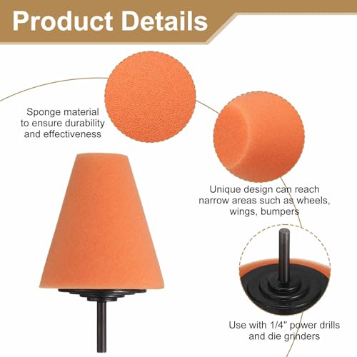 HARFINGTON 3pcs Cone Buffing Polishing Pads Set Sponge Car Wheel Polishers Detail Polisher Tool with 1/4" Dia Shank for Automotive Car Metal Plastic Ceramic