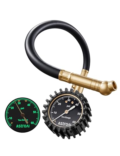 AstroAI Tire Pressure Gauge for Cars with Large 2" Dial, Solid Brass with Rubber Hose, Air Bleeder Valve, ANSI B40.1, 0-60PSI - size: 0-60PSI