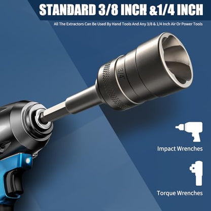 Upgrade Bolt Extractor Kit, 32 Piece Stripped Bolt Extractor Socket Set, Rounded Bolt Remover, Lug Nut Remover with ¼ Inch and ⅜ Inch Adapter for Removing Damaged Frozen Rusted Rounded-Off Bolts Nuts
