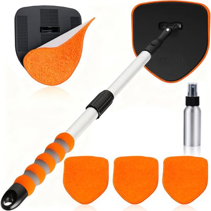 XINDELL Interior Windshield Cleaner Tool, Car Window Cleaning Kit with 4 Reusable Microfiber Pads, Extendable Handle & 360° Rotating Head, Safety Hammer, Streak-Free Auto Glass Wiper for Truck SUV RV - color: Orange