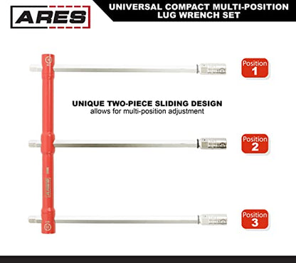 ARES 57000 – 26-Inch Universal Multi-Position Lug Wrench Set - 17mm, 19mm, and 21mm Socket Ends – Unique ½-Inch Drive Socket Adapter End – Compact Design with Storage Pouch - size: Universal Multi-Position Lug Wrench