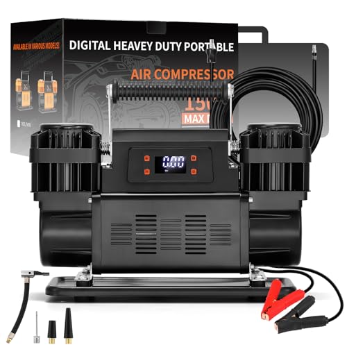 Dual Cylinder 12V Air Compressor 150 PSI 300 LPM – LCD Digital Display with Preset Pressure Heavy Duty Portable Tire Inflator for Truck SUV Off Road Jeep 1200W Fast Inflation No Overheating