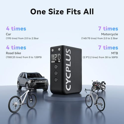 CYCPLUS AS2 Pro Max Tiny Pump Mini with Gauge, Max 120 PSI Cordless Bicycle Air Pump, Auto Stop, with Presta and Schrader Valve for Car, Motorcycle, Bike and Ball