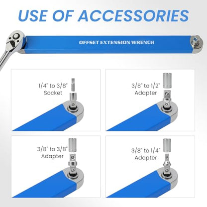 Offset Extension Wrench, Zero Degree Ratchet Extension Set Impact Ready Socket Wrench Extender Tool with 1/2", 1/4", 3/8" Drive Adapters and 1/4" Socket for Tight Place (Blue) - color: Blue