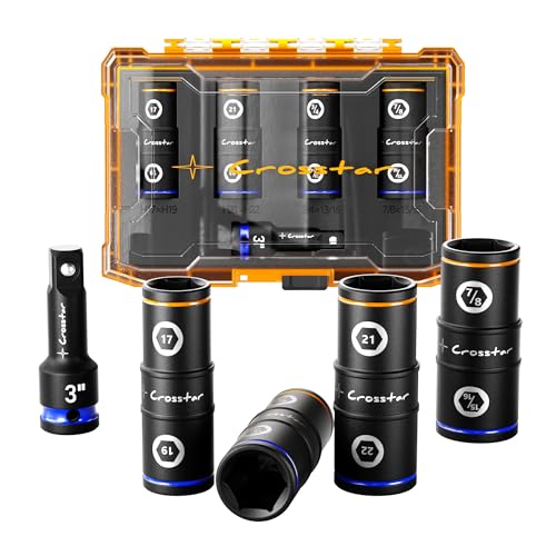 Crosstar 1/2" Drive Impact Flip Socket Set | Thin Wall Lug Nut Remover - 8 Sizes for Universal Fit | Cr-Mo Steel Non-Marring Design | Wheel Lock Removal Tool for Trucks & SUVs