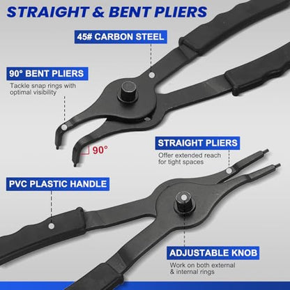 DASBET Snap Ring Plier Set 11PCS Straight & Bent Retaining Ring Pliers | w/Hook & Pick Heavy Duty Internal External Pliers .038in-.09in Circlip Combination Retaining Clip for Car Trunk Motorcycle - color: Blue