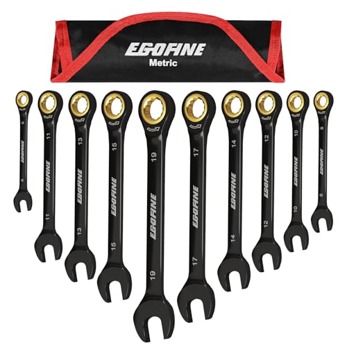 Egofine Ratcheting Wrench Set 10 Piece, Metric Wrench Set, CR-V Steel 6-19mm Wrench, 72-Teeth Combination wrench set, Black Electrophoretic Coating Ratchet Wrenches Set with Tool Roll Bag - style: Metric-10 piece set