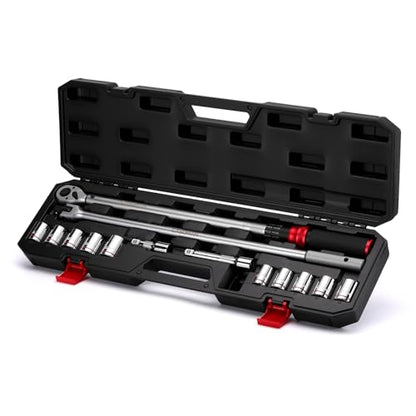 CASOMAN 14 PCS 1/2 Inch Click Torque Wrench Set,22.2-244.2 FT.-LB/30-330 Nm, ±3% Accuracy, 72-Tooth Dual Scale Torque Wrench Kit, with Breaker Bar & Extensions & Sockets, for Automotive Tire Repair