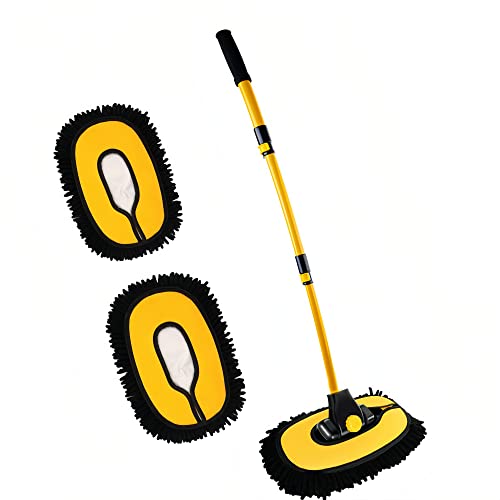 Mveqrrn15°Curved Chenille Car Wash Brush, Extendable Long Handle Mop-Yellow | car wash mop, cleaning brush supplies, microfiber replacement head, Car Wash accessories for cars trucks RV