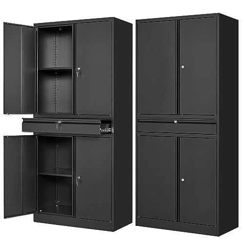 Metal Garage Storage Cabinet with Drawer,4 Door Tool Cabinet with Lock-2 Adjustable Shelves for Garage Home Office Utility Room (Black) - color: Black, size: 1 Drawer-No Wheels