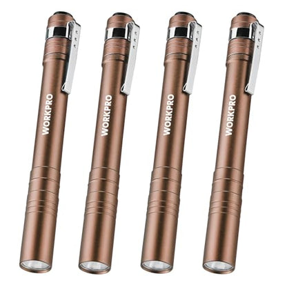 WORKPRO LED Pen Light, Aluminum Pen Flashlights, Pocket Flashlight with Clip for Inspection, Emergency, Everyday, 2AAA Batteries Include, Brown(4-Pack) - color: Brown