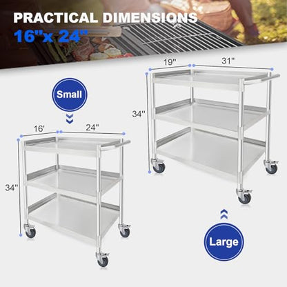3-Shelf Stainless Steel Rolling Utility Cart - Heavy-Duty Metal Mobile Storage with Handle & Locking Wheels - Ideal for Kitchen, Medical, Lab, Restaurant & Home Use (16''x24''x34'') - size: 16''x24''x34''