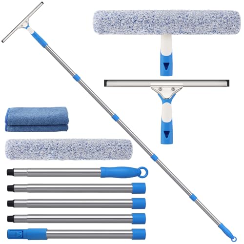 77'' Long Squeegee Window Cleaner Tool for Indoor Outdoor Windows | Professional Window Cleaning Kit with Extension Poles for High Windows Car Windshield Shower Glass Door Solar Panel - size: 6.5 Feet